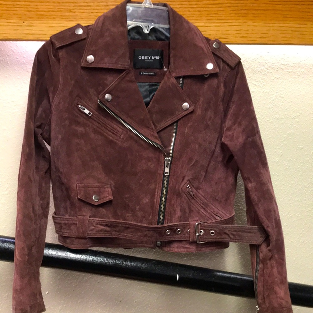 Obey burgundy leather suede asymmetric zip lightweight bomber jacket